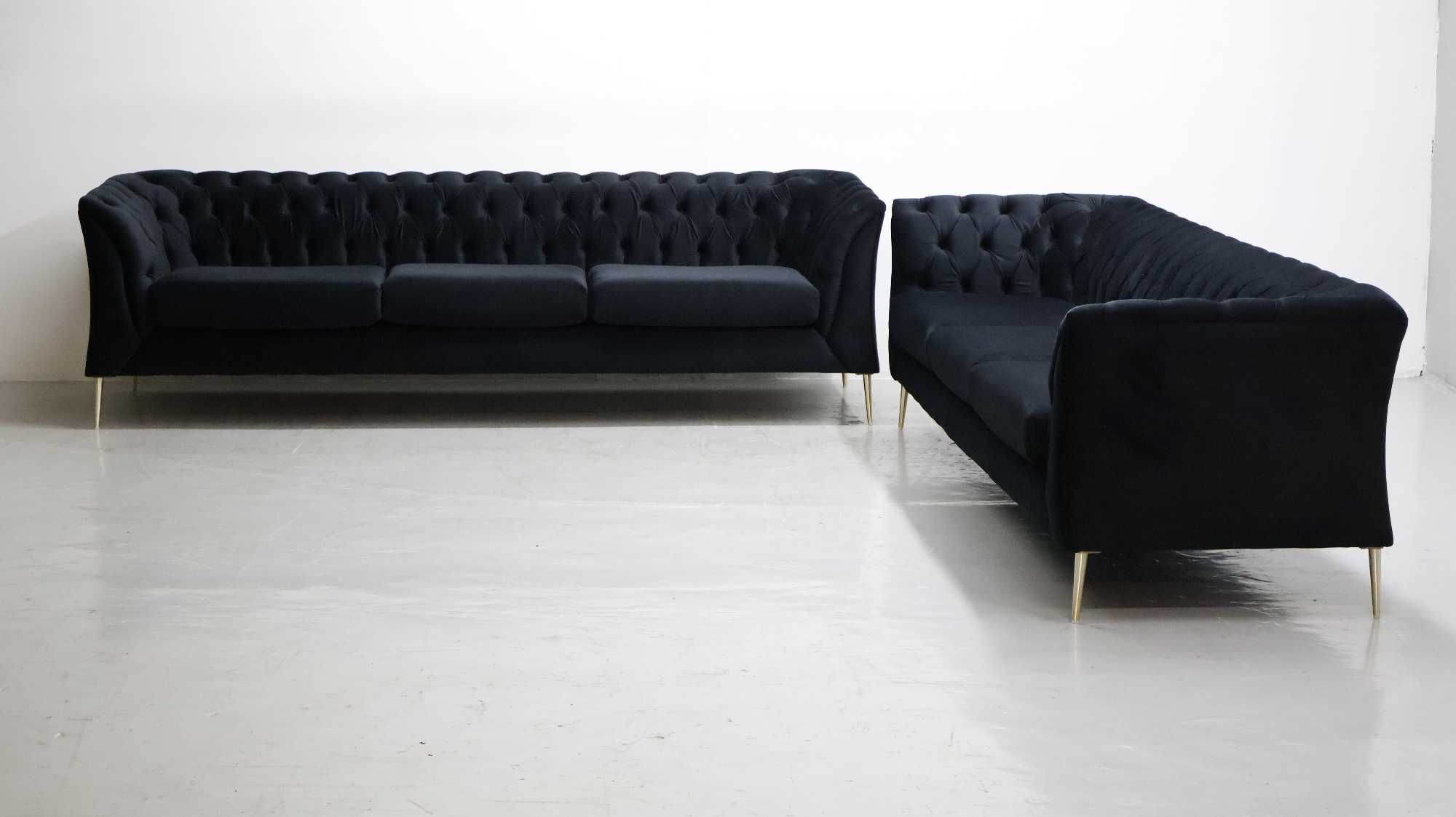 STY DESIGN WIELKA SOFA 3+3 kanapa czarny welur złote nogi zestaw kompl