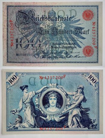 100 Mark, марок 1908г, Германия, красная печать, UNC