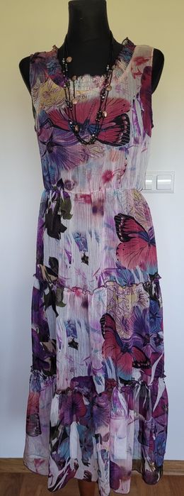 Letnia dluga sukienka kwiaty motyle slub wesele rozmiar L