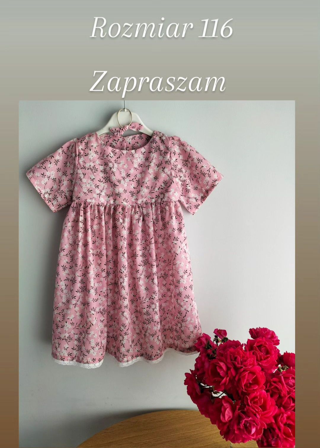 Nowa sukienka handmade batyst różowa koronka kwiaty 116