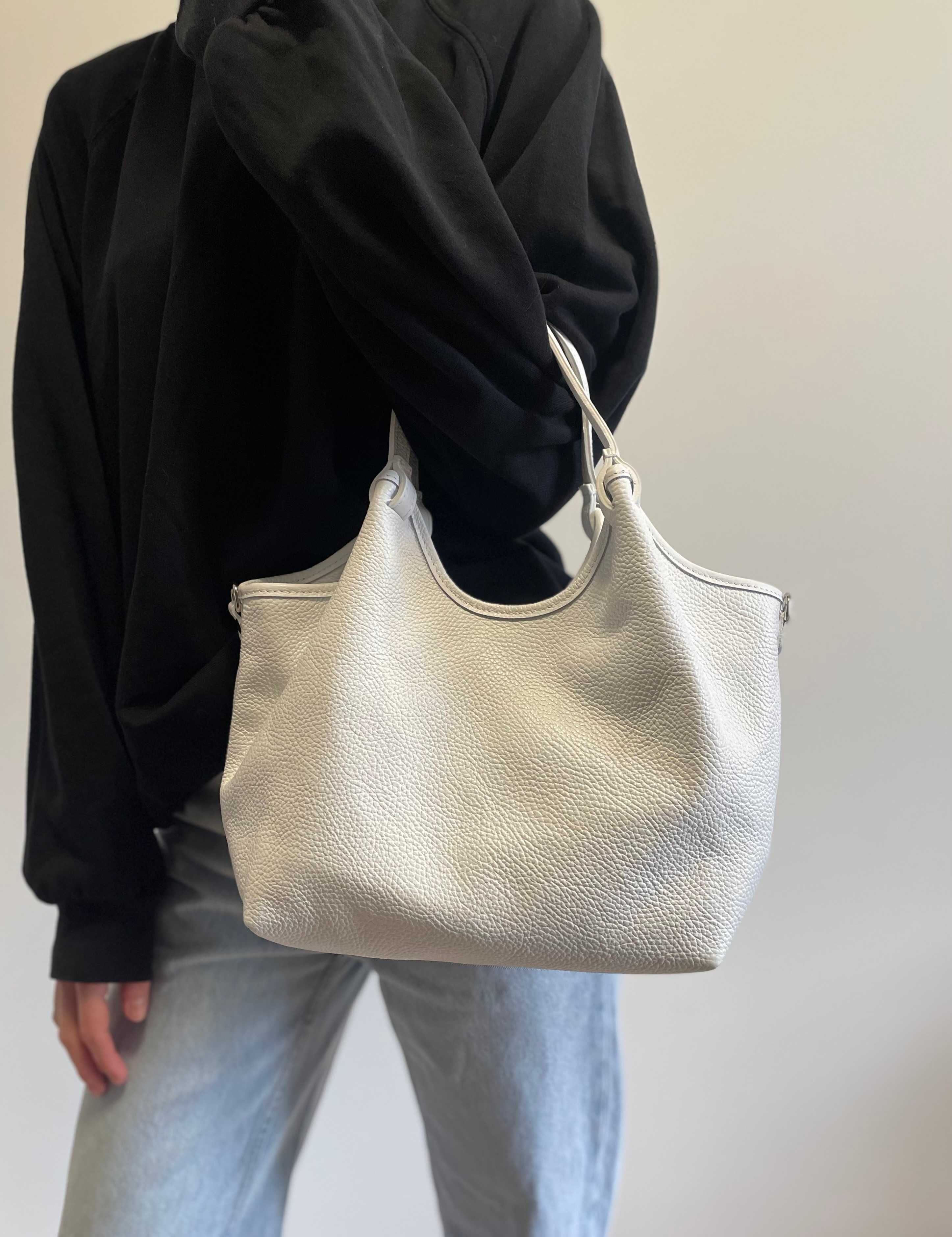 Італійська шкіряна сумка шопер середнього розміру біла Нова колекція