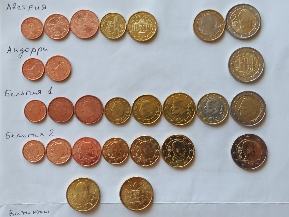 Обменяю монеты евро разных стран, наборы Андорры и Сан-Марино.