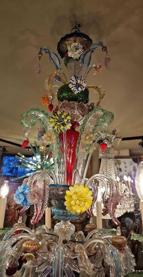 Lustre Murano 8 Braços Vidro Soprado Multicolorido com Flores Séc. XX