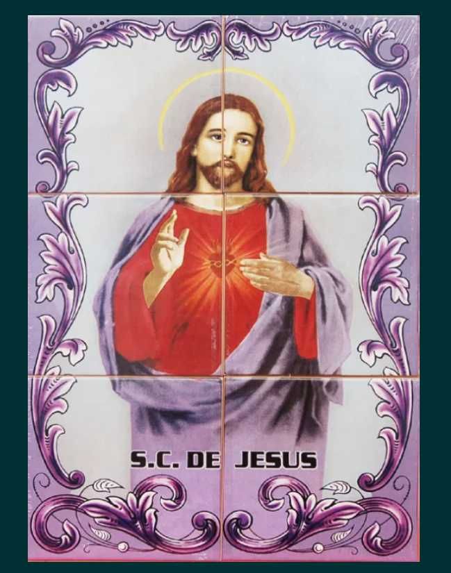 Painel Azulejos SAGRADO CORAÇÃO de JESUS 45x30CM Quadro Imagem Gravura