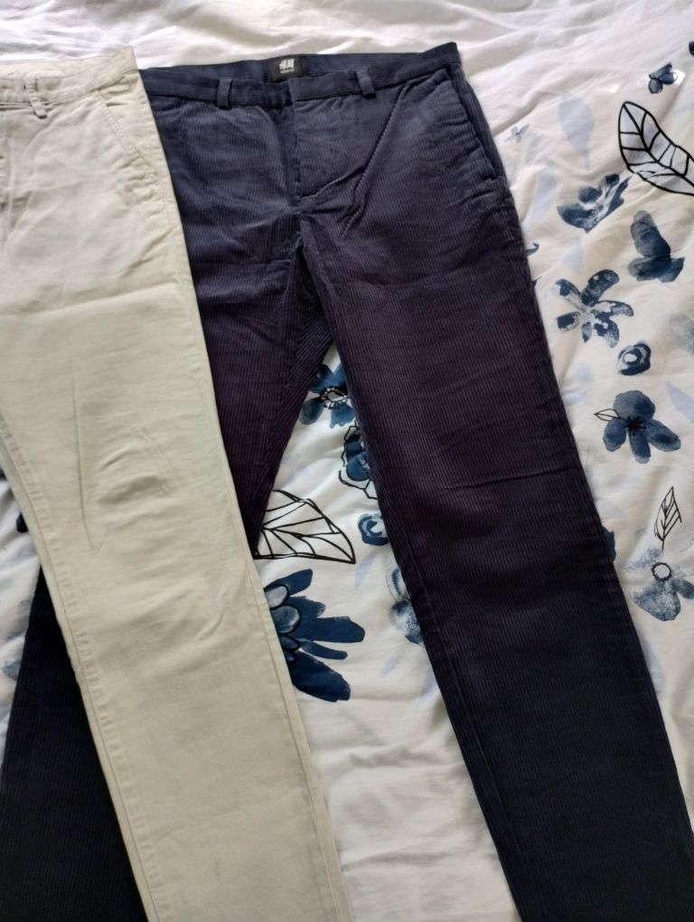 Spodnie chino H&M r. 46 S granatowe sztruksy skinny fit