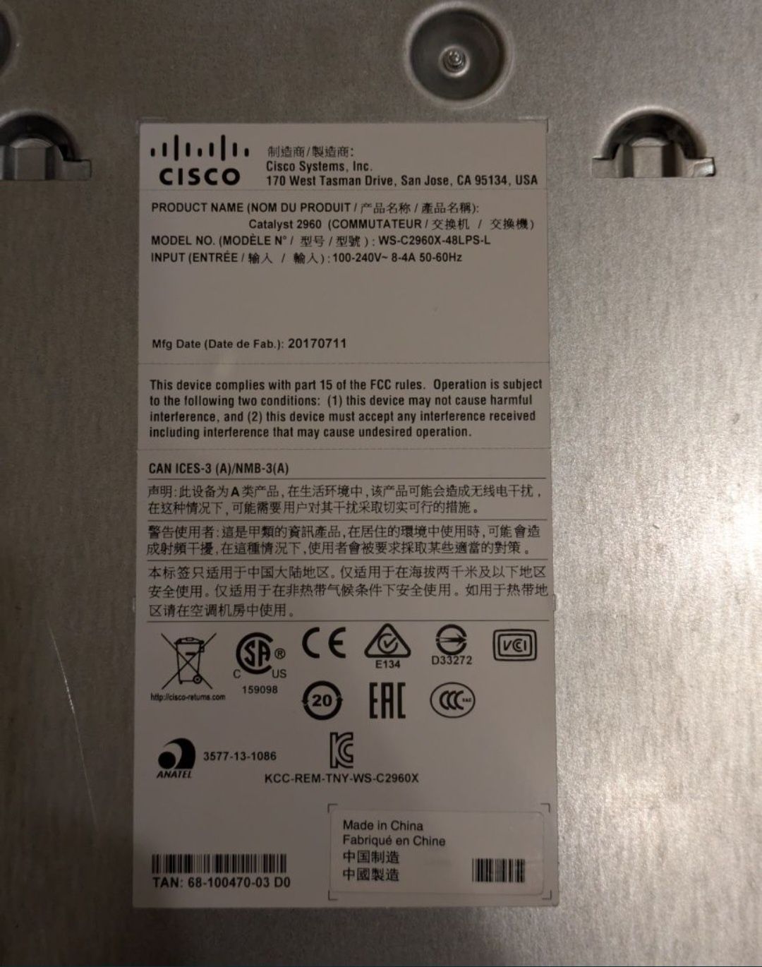 Switch Cisco WS-C2960X-48LPS-L 48x1GB PoE+ 4xSFP 1GB