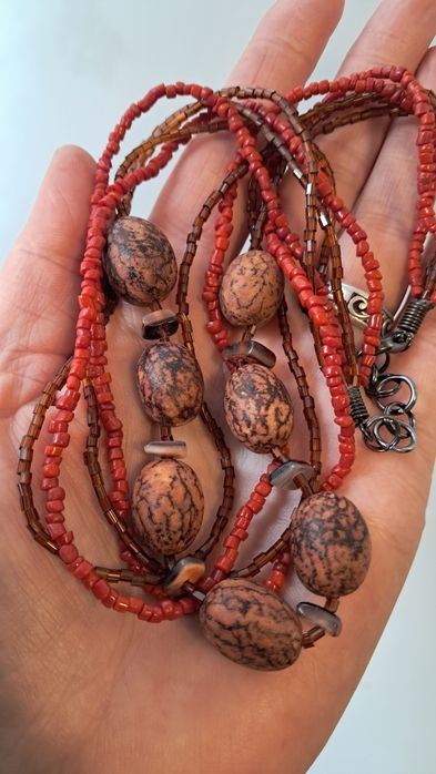 Ожерелье винтажные бусы коралловые с сатиновое бисером и перламутром