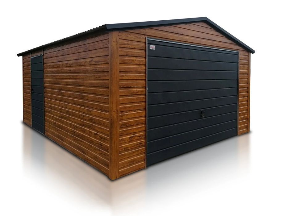 Garaż blaszany pojedynczy 4x5 m -Dach dwuspadowy, Brama uchylna, Drewn