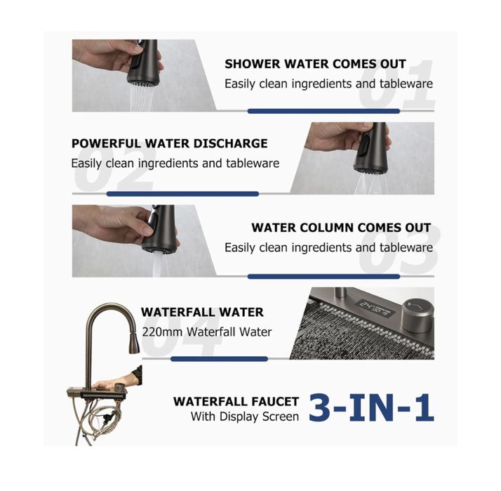 Nowoczesny zlewozmywak kuchenny 80x45cm z wodospadem i wyświetlaczem