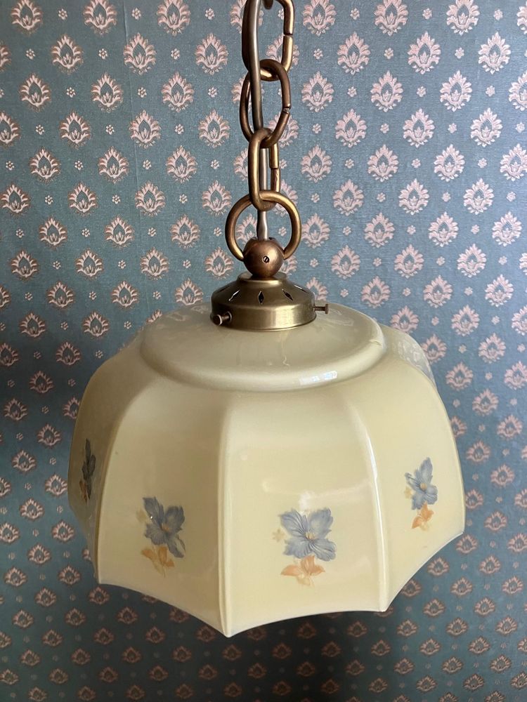 Stara lampa art deco wisząca kuchenna żyrandol kremowa zwis mosiężna