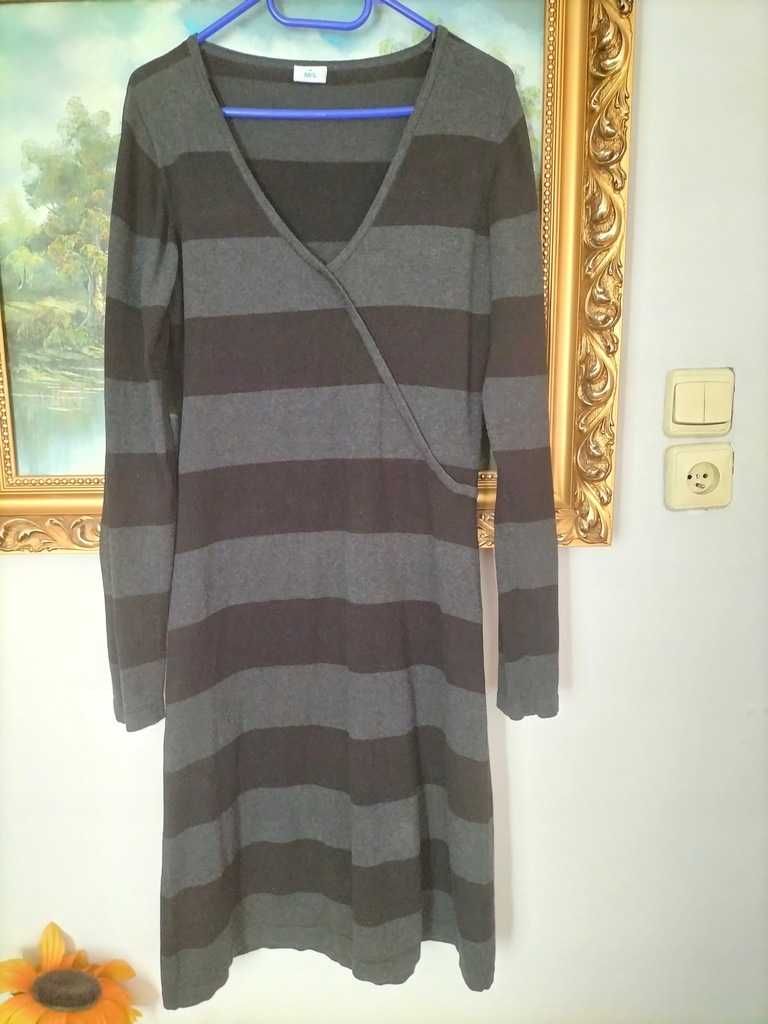 M&S Szara Zimowa Sukienka w pasy MIDI r. 38/40