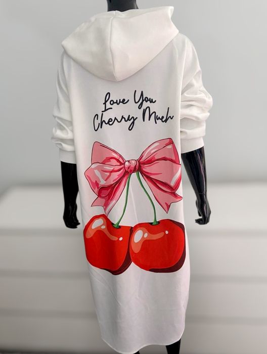 NOWA długa bluza-tunika oversize z kapturem,nadruk wiśnie kokarda UNI