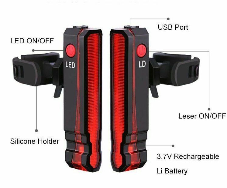 Вело габарит LEADBIKE LD51 5 LED USB с лазером +лазерная указка стоп