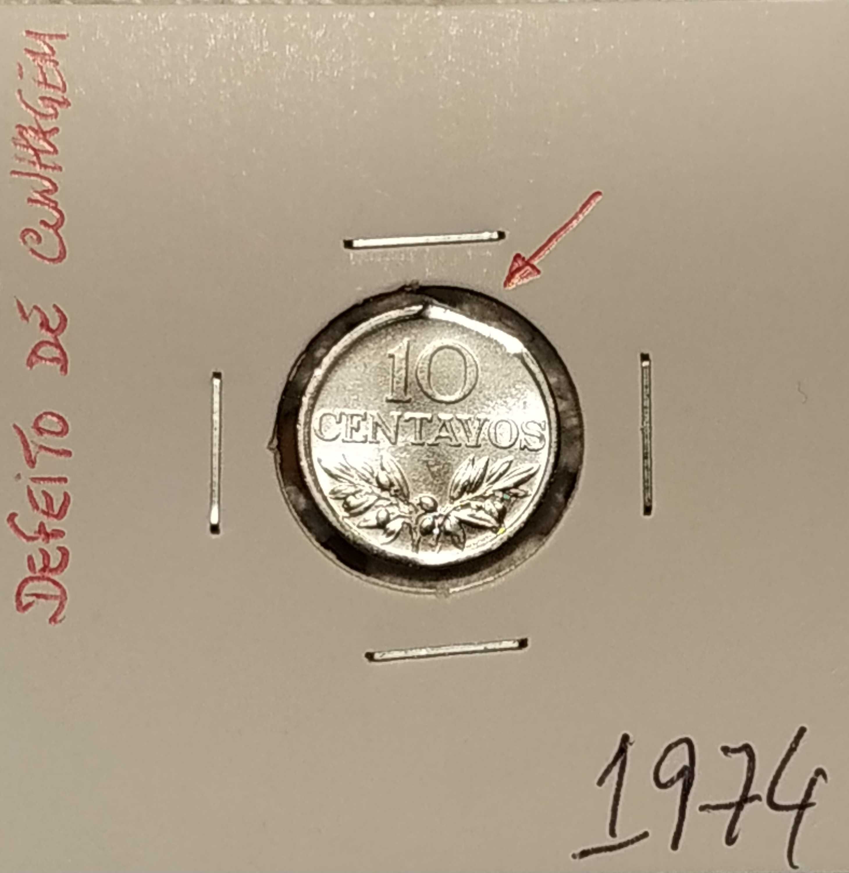 Moeda de 10 centavos de 1974 com defeito (rebordo incompleto)