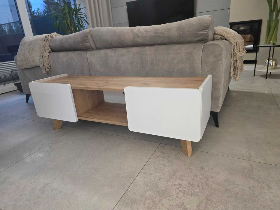 Szafka RTV biało-dębowa, używana, nowoczesny styl, cichy domyk