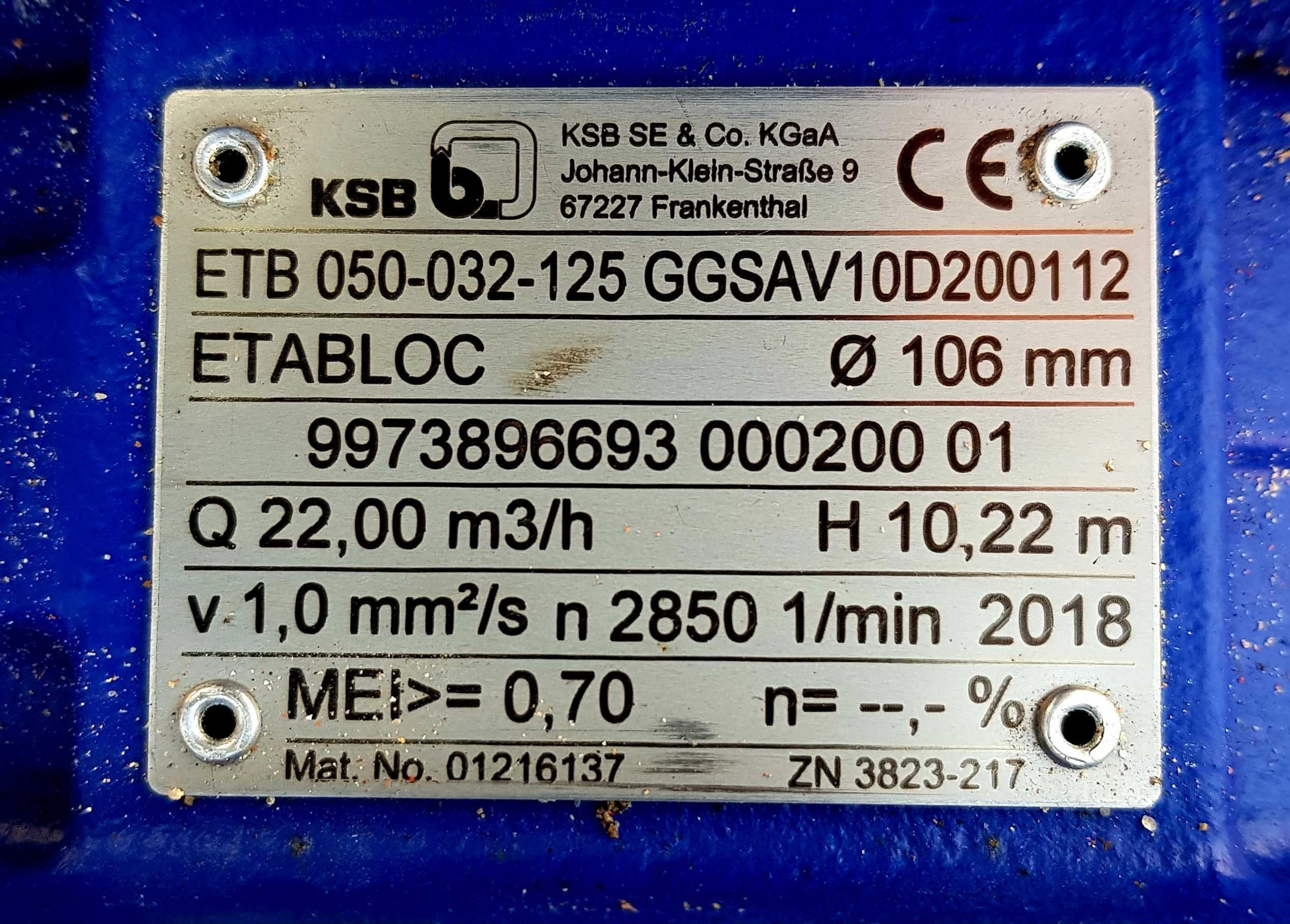 Pompa wodna KSB etb 050-032 wydajność 22m3/h 18r fi 106mm