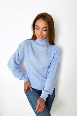 Мягкий женский свитер базовый с горловиной, Вязка шерсть+котон голубой