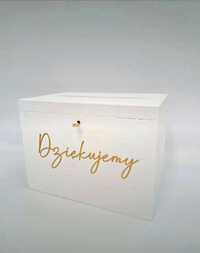 Białe pudełko na koperty zamykane na kluczyk Złoty napis Dziękujemy