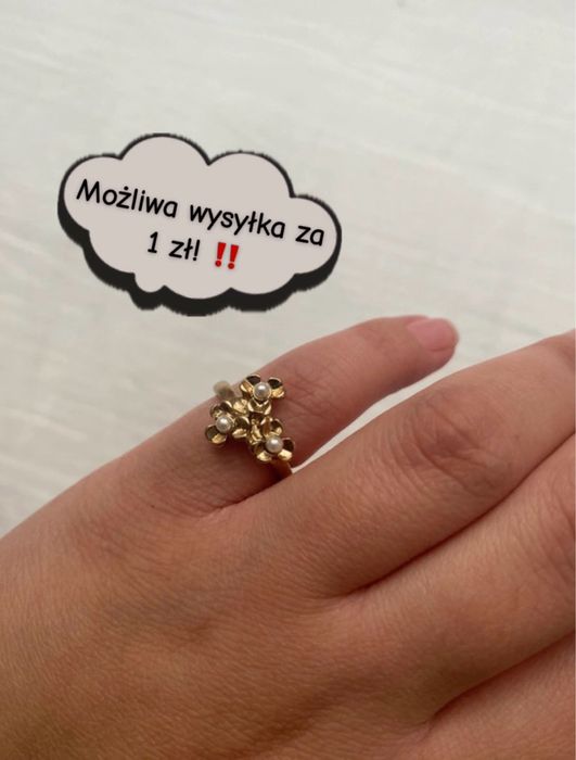Złoty pierścionek z kwiatami i perełkami vintage retro mały palec