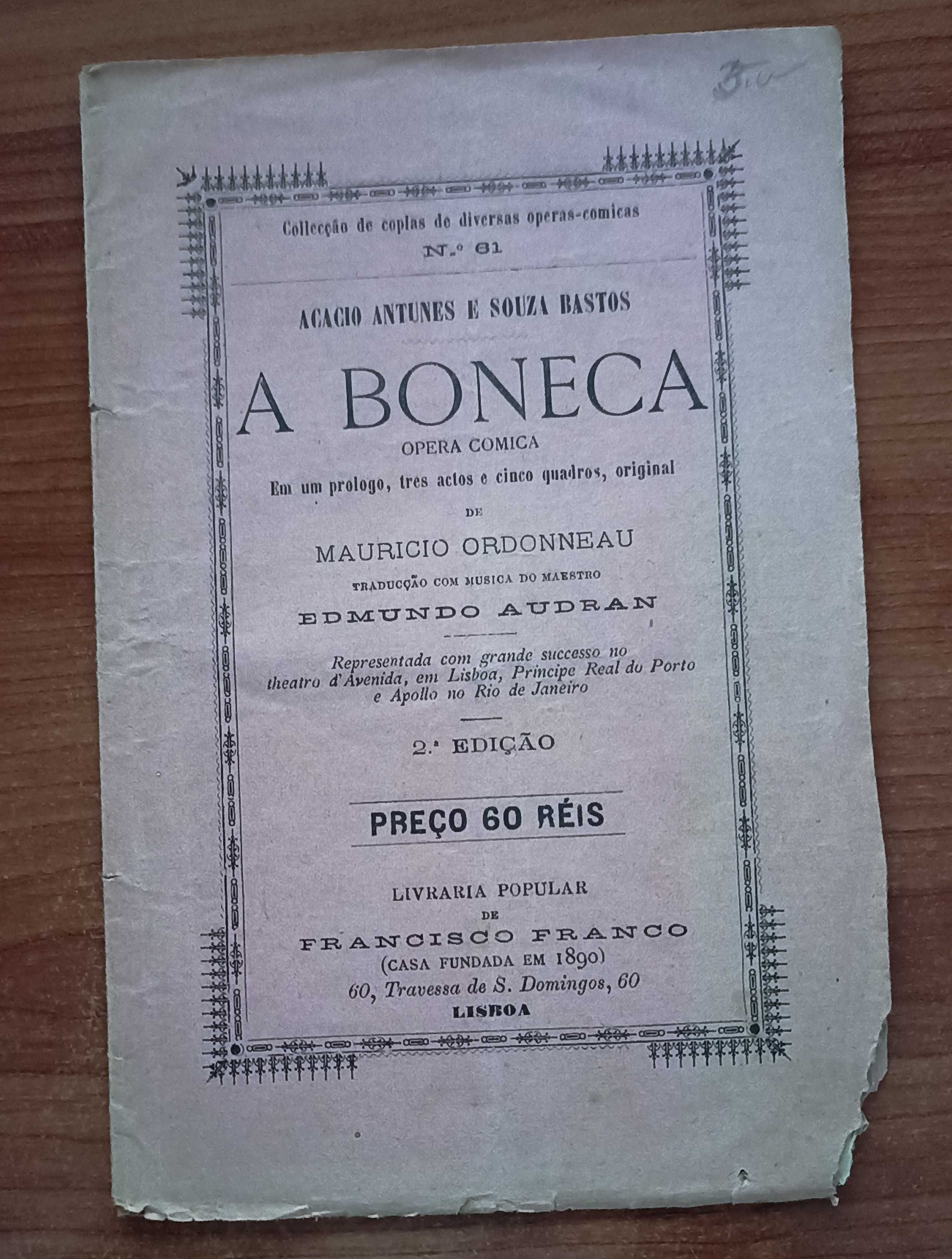 A Boneca: Opera Cômica, Em um prologo, 3 atos e 5 quadros, original