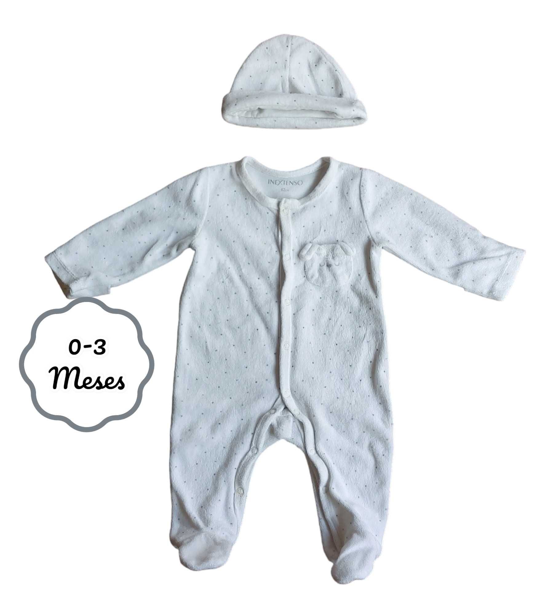 Conjunto Gorro + Babygrow Branco com Pintas In Extenso 0-3 meses