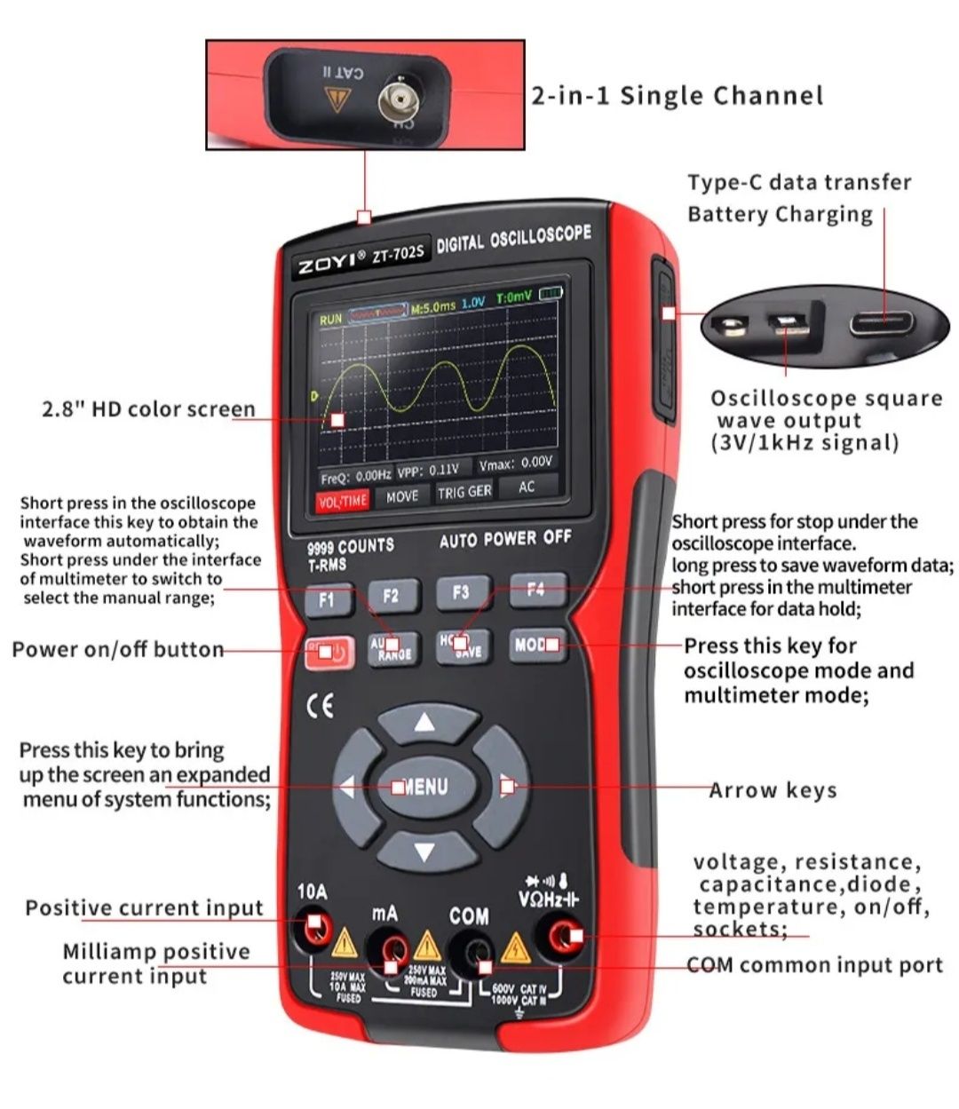 ZOYI ZT-702S (PRO) осцилограф 10MHz, мультиметр True RMS, Li-Ion 18650