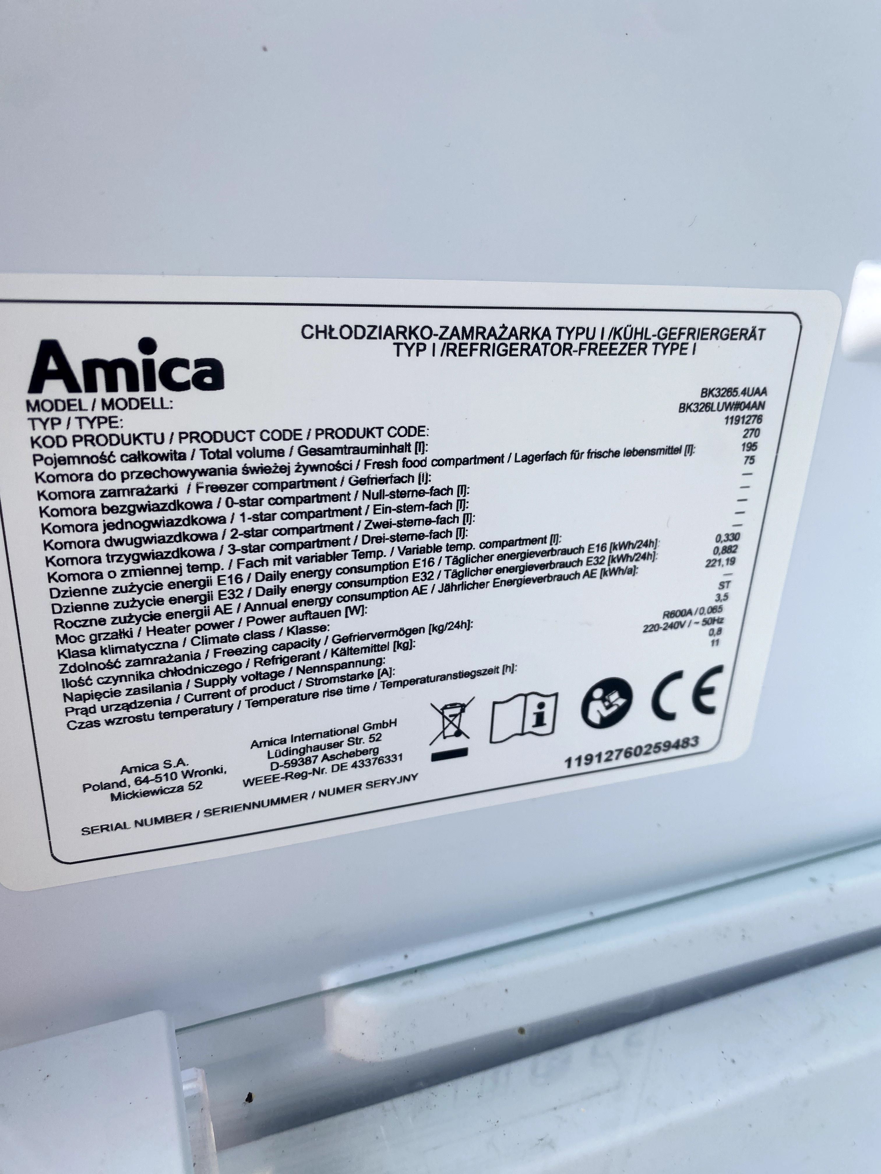Lodówka Amica BK3265.4UAA do zabudowy