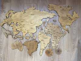 Деревʼяна багатошарова мапа/карта/пазл світу/мира Wooden World Map