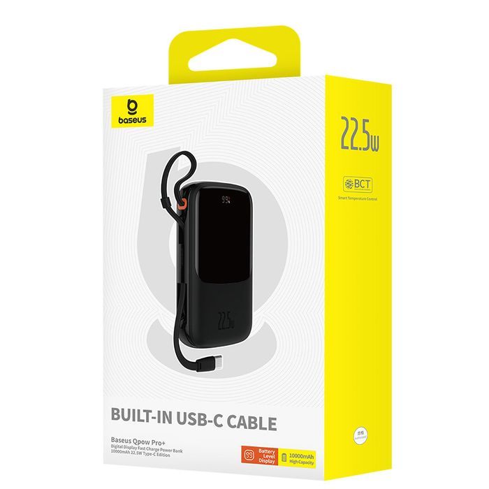 powerbank qpow pro+ 10000mah z kablem usb-c i wyświetlaczem - czarny
