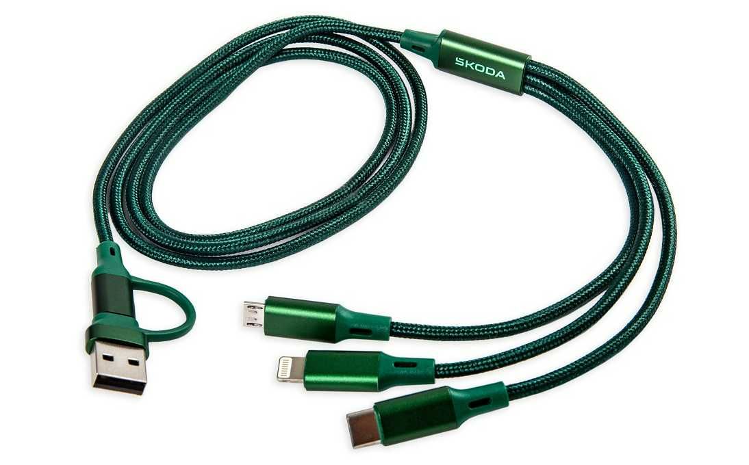 USB-кабель для зарядки 4 в 1 ŠKODA смарагдово-зеленого кольору.