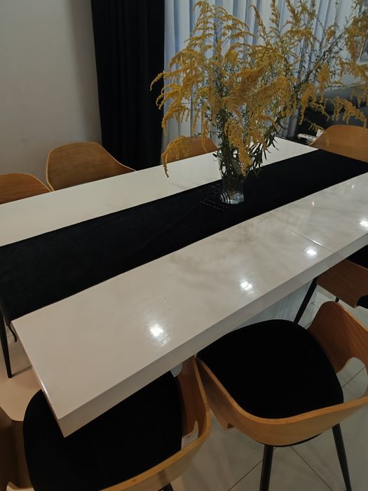 Stół rozkładany 180/420cm duży, drewniany biały połysk, wyspa