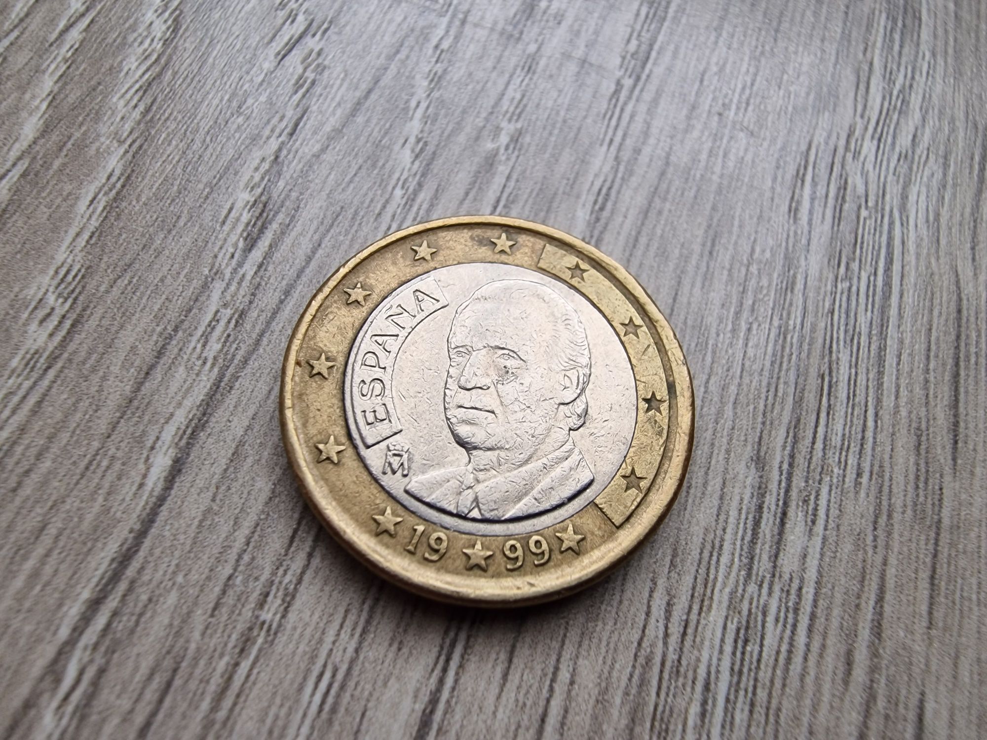 Moneta 1 Euro Juan Carlos I 1999 " podwójny podbródek " błędnie wybity