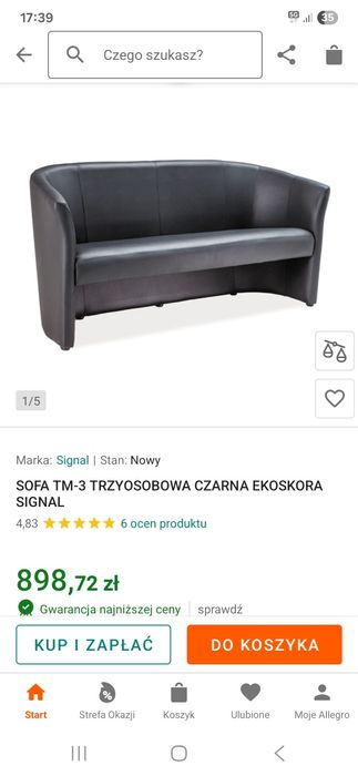 Sofa trzyosobowa czarna ekoskora