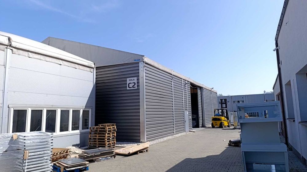 Używana hala namiotowa 18m x 26,15m x 5,50m z blachy trapezowej