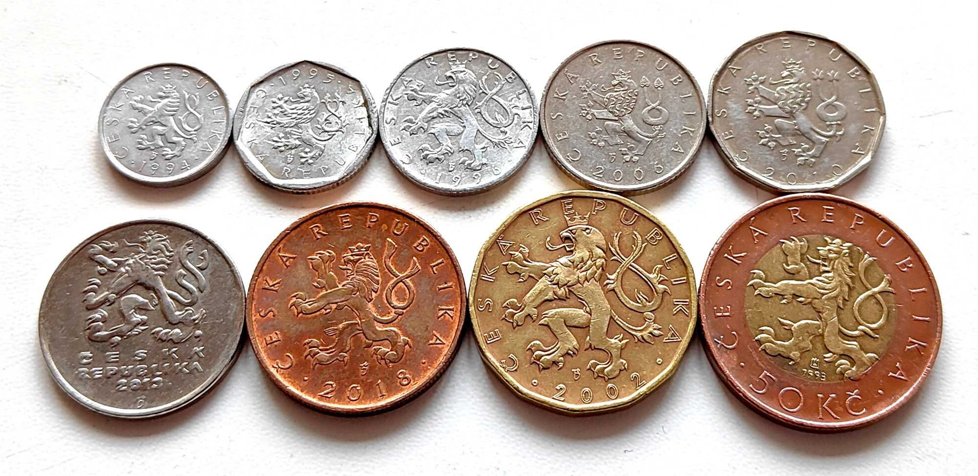 Полный набор обиходных монет Чехии (геллеры, кроны), 9 шт