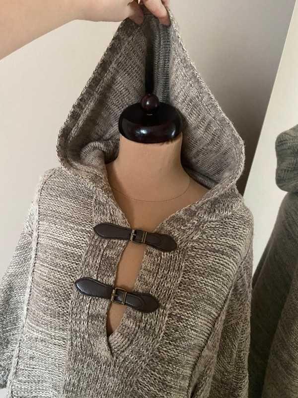 Lmc gruba pleciona narzutka ponczo duzy kaptur warkocz l xl 42 40 braz
