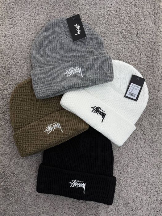 Шапка Stussy чорна/ зимня шапка стусі біла/ шапка унісекс на зиму