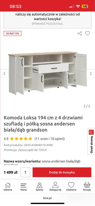 Komoda BRW biała, duża, idealny stan – 194 cm szer.