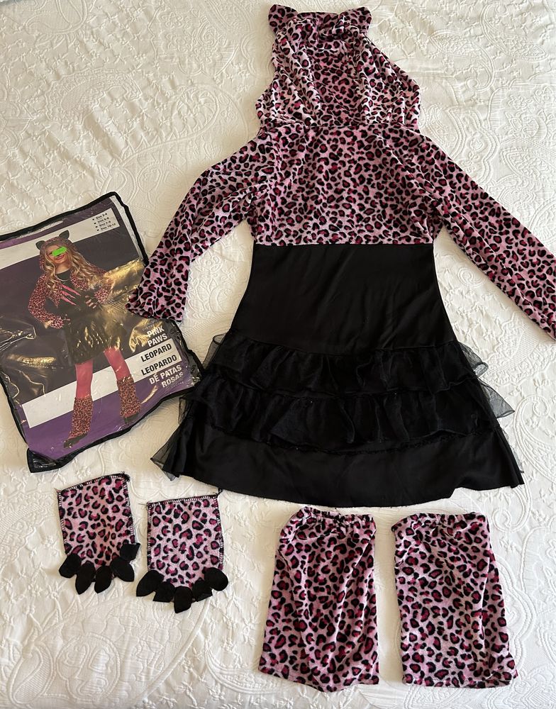 Vestido Carnaval Leopardo Rosa e acessórios - Tamanho 7/9 anos