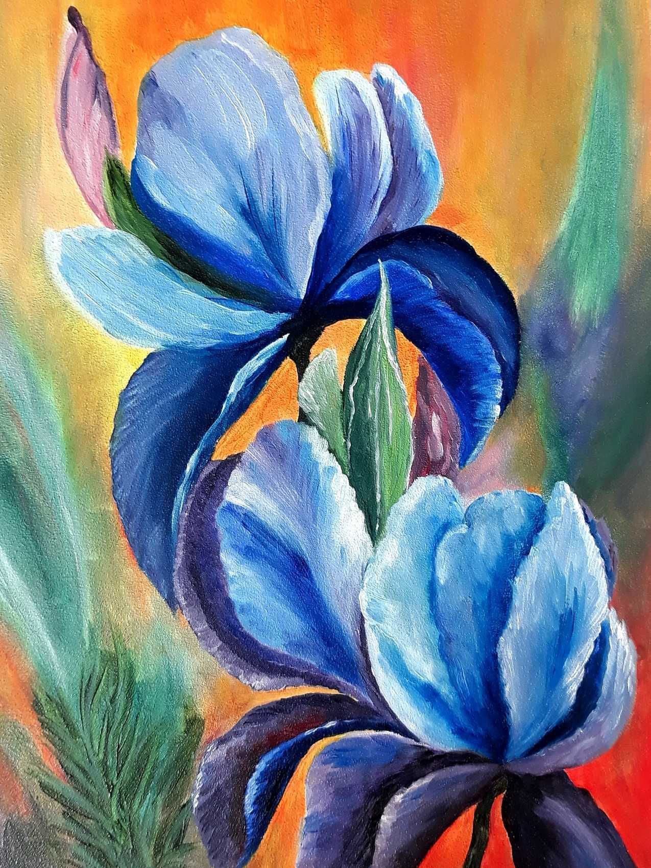 Ręcznie malowany obraz olejny 21x3 irysy, martwa natura, kolorowy