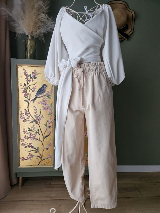 Spodnie Damskie Bawełniane Beżowe Szeroka Nogawka Gumka Pas M