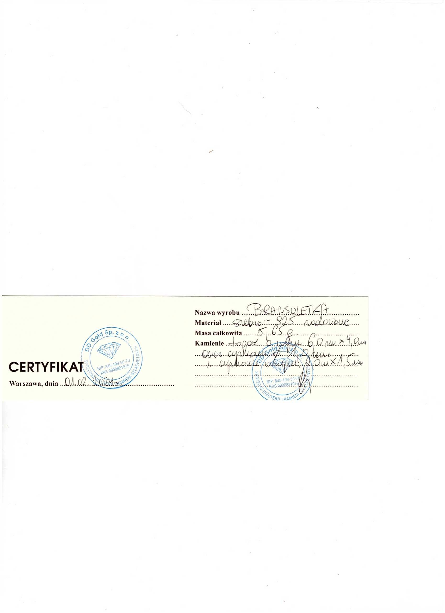bransoletka srebro 925 topaz cyrkonie 5,65 g certyfikat