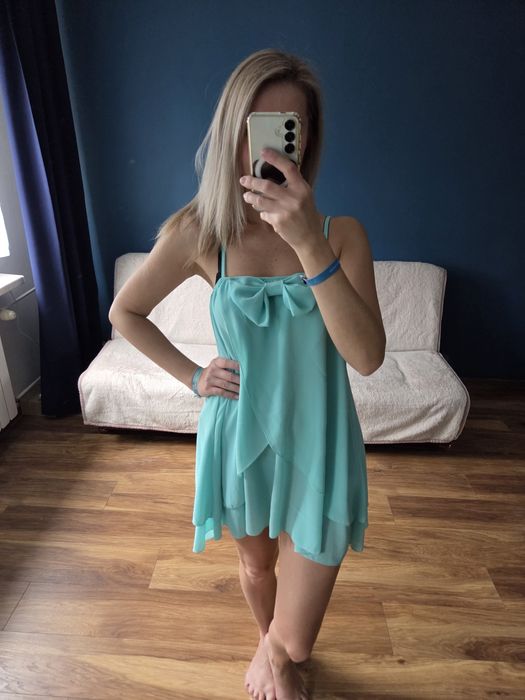 Miętowa tunika turkusowa sukienka krótka elegancka