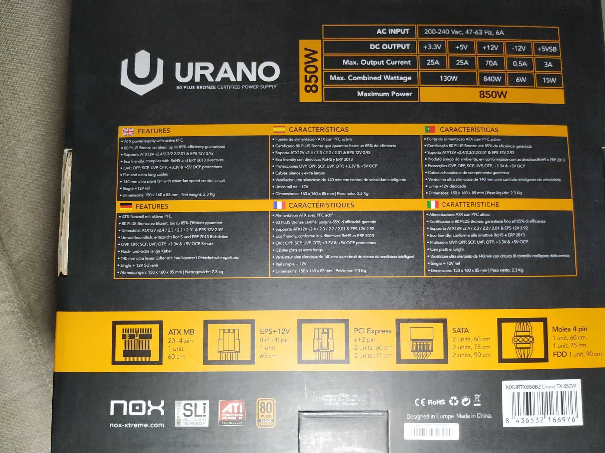 Fonte de Alimentação NOX Urano TX 850W - Cabos flat pretos