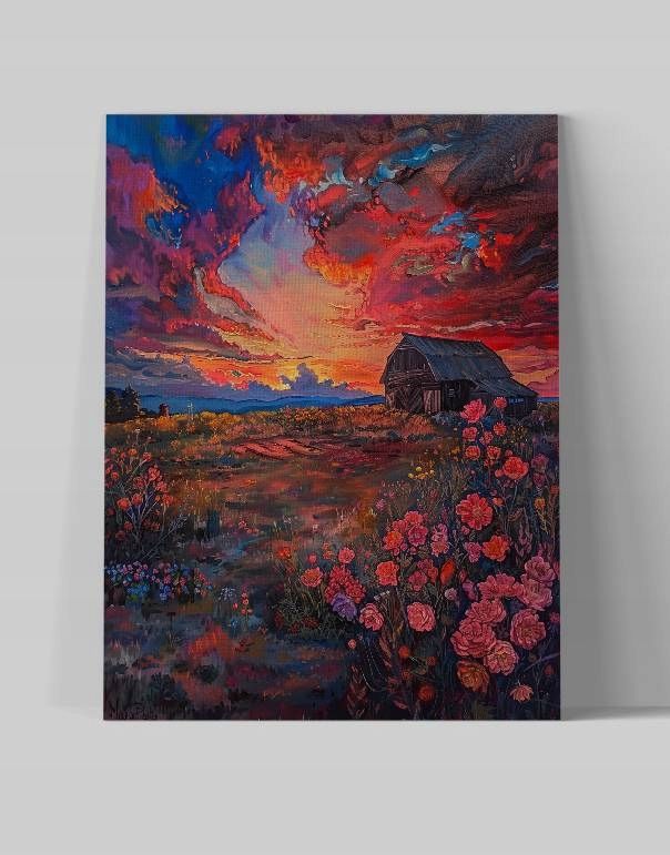 Obraz na płótnie "Zachód Słońca nad Kwiatowym Krajobrazem" 90x120 cm