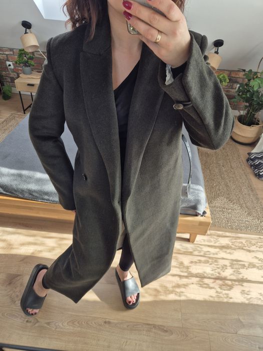 Kopertówka płaszcz wełniany z paskiem Zara khaki r. XS S wełna