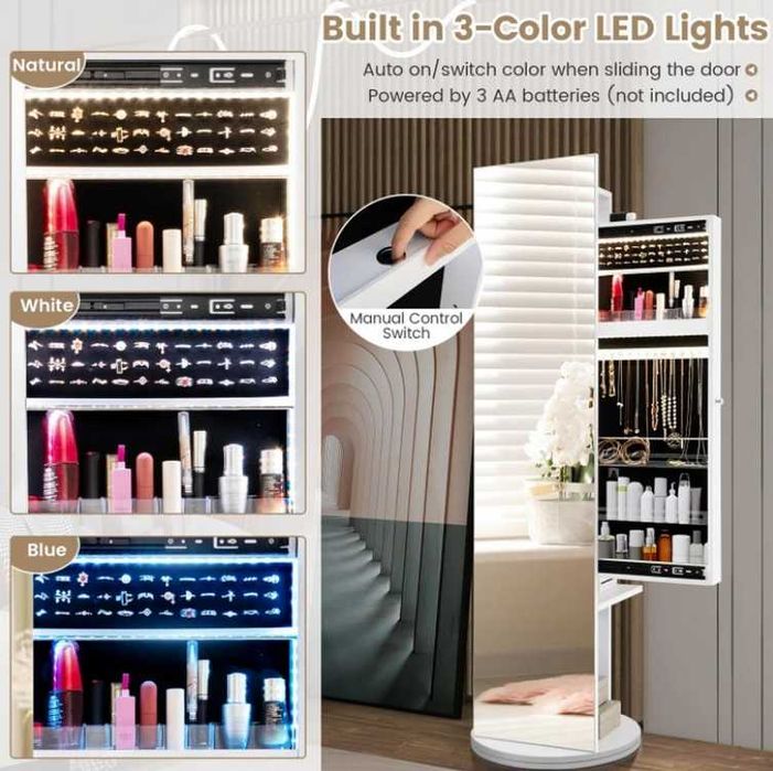 Toaletka Szafka na Biżuterię Obrotowa z Lustrem i Podświetleniem LED