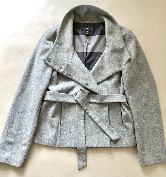 Płaszcz z wiązaniem szary wełniany rozmiar XL 42 H&M