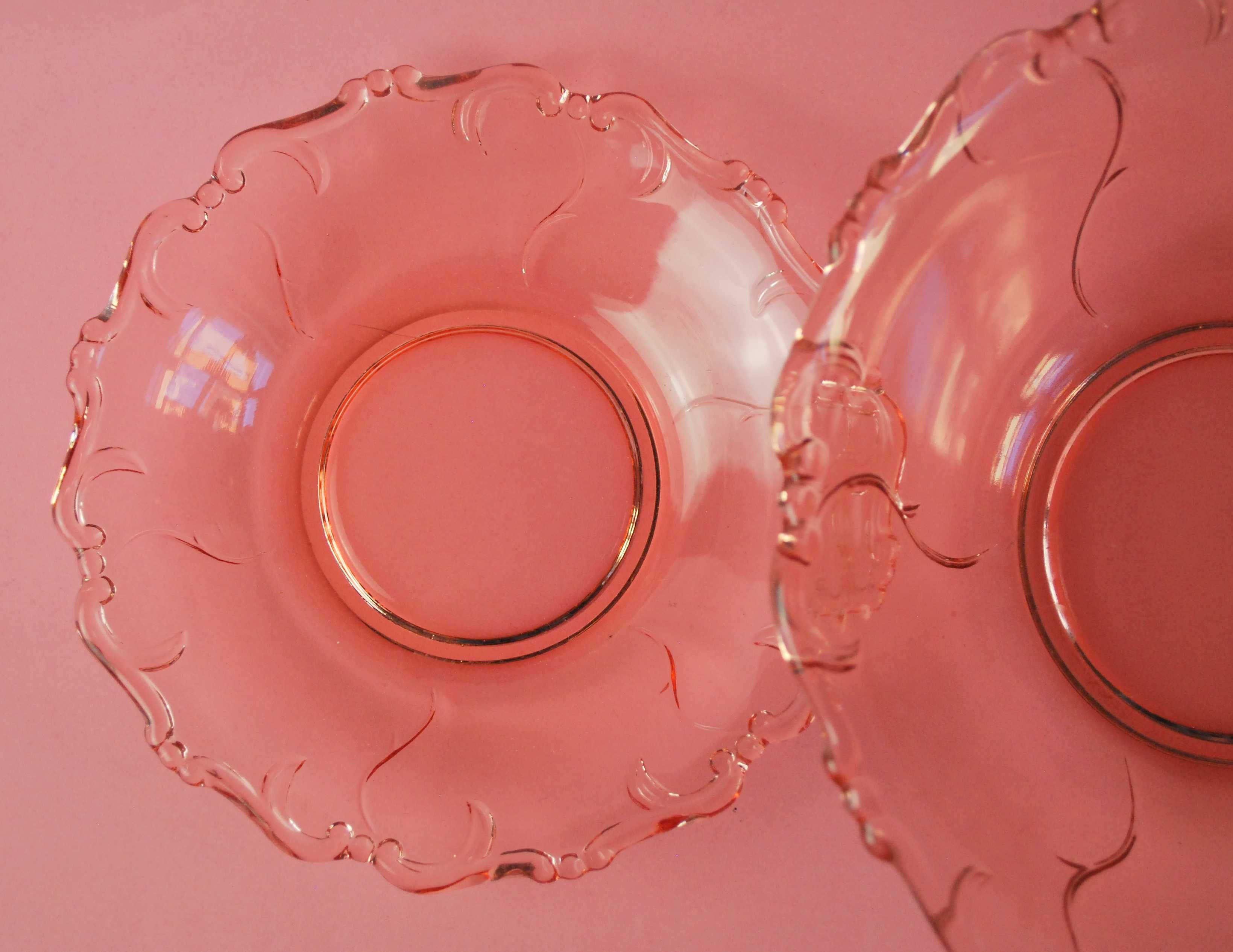 Zestaw talerzyki + miseczka różowe szkło vintage retro