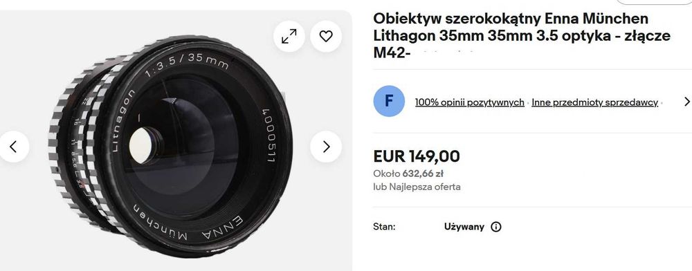 Obiektyw ENNA LITHAGON 3,5 35MM Szeroki M42 Germany Bardzo Rzadki !